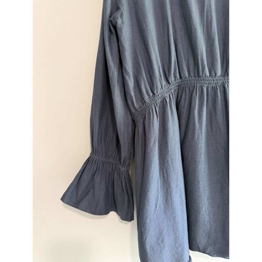 Loft Cotton Navy Top Long Sleeve Flutter Ruched Ruffle Flared Nautical Button M - Picture 8 of 15